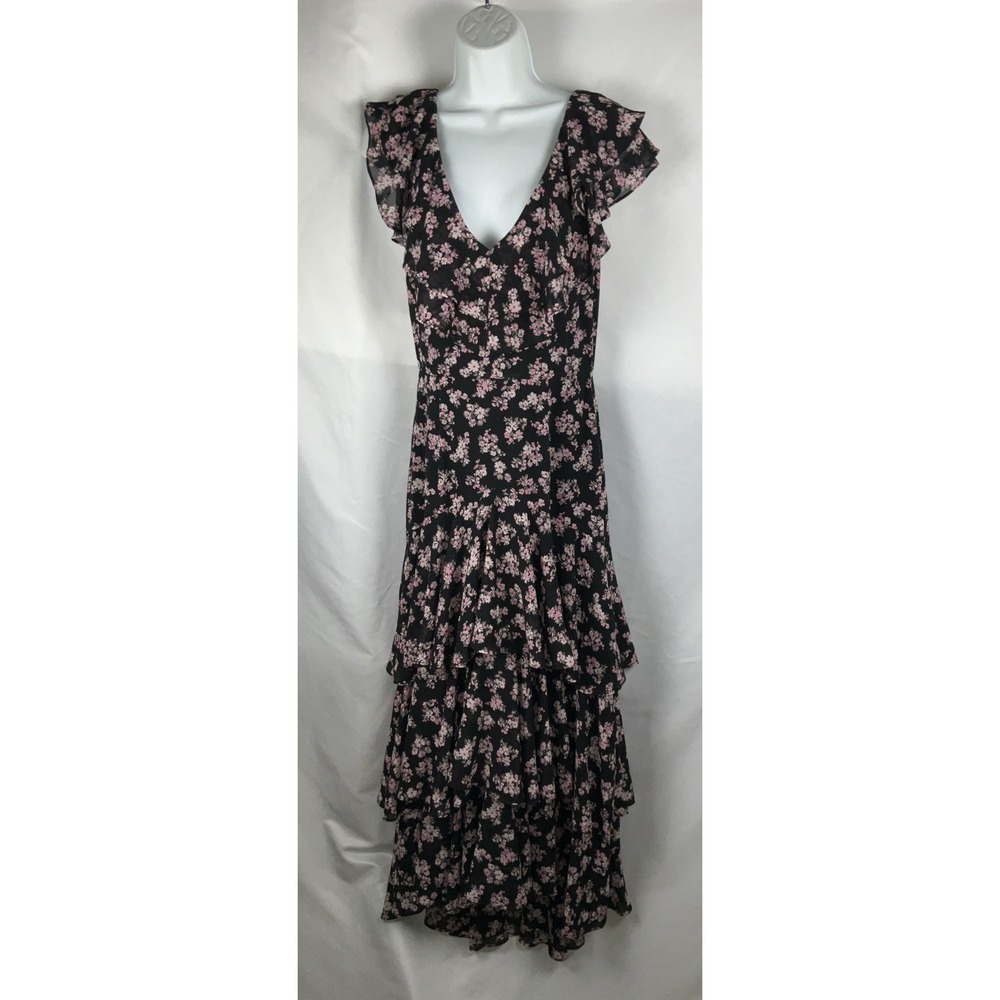 WAYF Woman's Size S Black Tiered Ruffle Floral Hi/Lo Hem Chiffon Lined Maxi